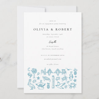 Charleston Toile Border in Blue Engagement Party Kaart