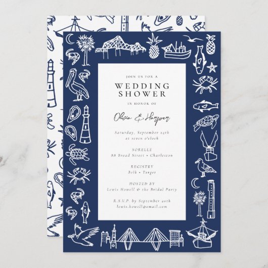 Charleston Toile Marine Blue Shower Invitation (Devant / Derrière)
