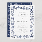 Charleston Toile Marine Faire-part de mariage bleu (Devant / Derrière)