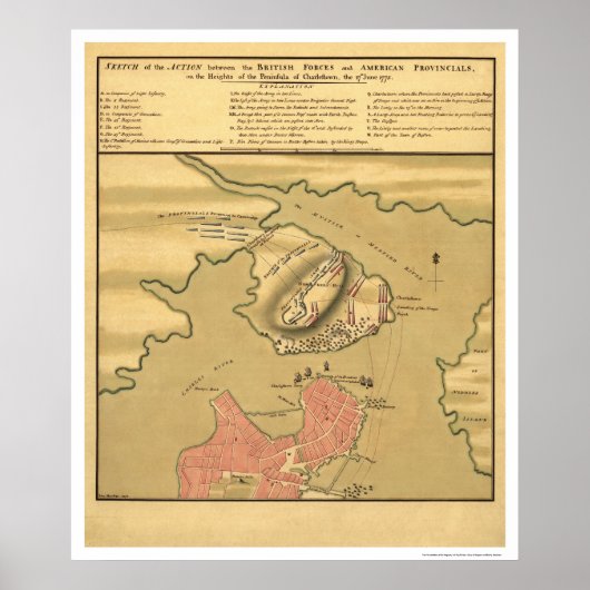 Charlestown Battle Map - 1775 Poster (Voorkant)