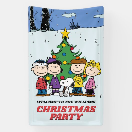 Charlie Brown en Friends Kerstparty Spandoek (Verticaal)