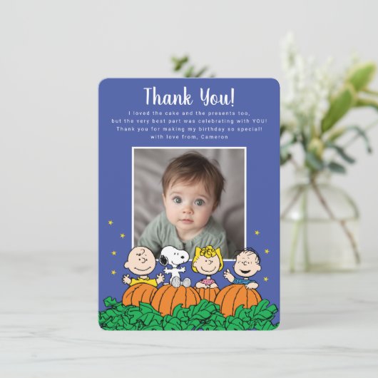 Charlie Brown en Gang Pumpkin First Birthday Bedankkaart (Staand voorkant)