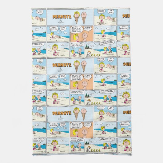 Charlie Brown en Sally Ice Cream op het strand Theedoek (Verticaal)
