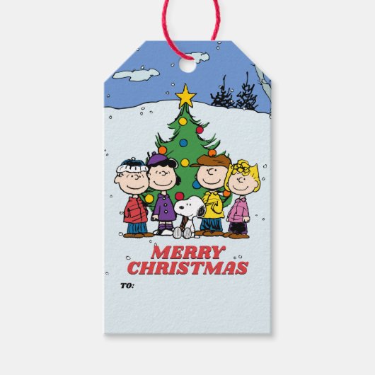 Charlie Brown en vrienden Kerstmis Cadeaulabel (Voorkant)