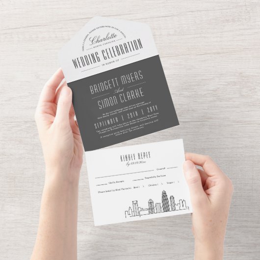 Charlotte Deco Skyline | bruiloft in grijze stijl All In One Uitnodiging (Afscheurbaar)