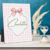 Charlotte Gepersonaliseerde Roze Bow & Gingham Pri Fotoplaat (Zijkant)