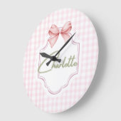 Charlotte Gepersonaliseerde Roze Bow & Gingham Pri Grote Klok (Hoek)