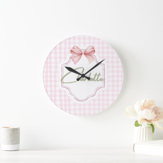 Charlotte Gepersonaliseerde Roze Bow & Gingham Pri Grote Klok (Huis)