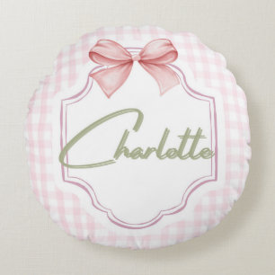 Charlotte Gepersonaliseerde Roze Bow & Gingham Pri Rond Kussen
