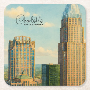 Charlotte NC Aquarel Skyline Reis Vierkante Kartonnen Onderzetter