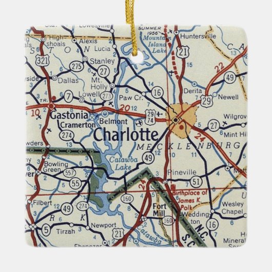 Charlotte NC Map Keramisch Ornament (Voorkant)
