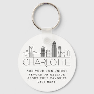 Charlotte, NC Stylized Skyline  Aangepaste slogan Sleutelhanger