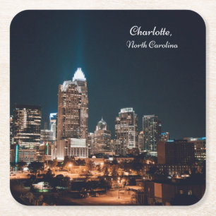 Charlotte North Carolina City Skyline Night Vierkante Kartonnen Onderzetter
