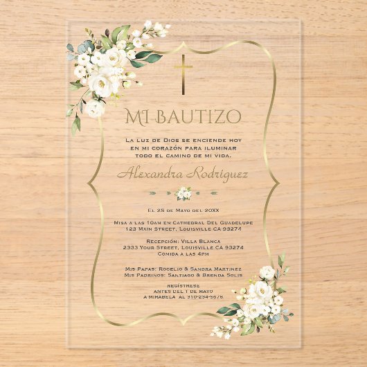 Charm Bautizo Con Blanca Flores Gouden Doop Acryl Uitnodigingen (Voorkant)