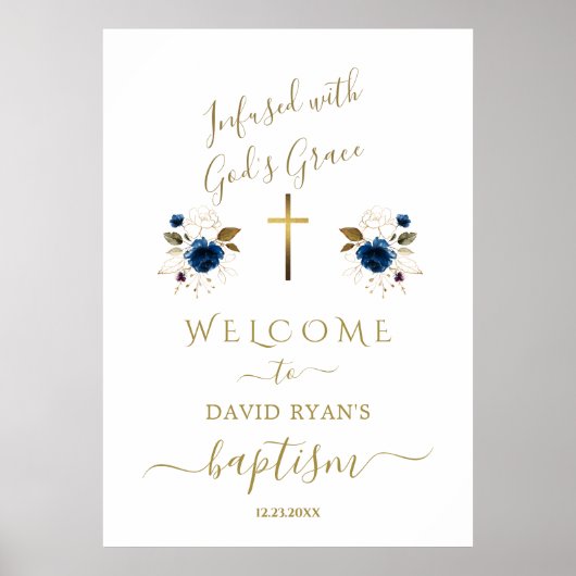 Charm Blue Flowers Gold Boy Baptism Affiche de bie (Devant)