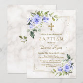 Charm Blue Flowers Gold Glitter Marble Boy Baptism Kaart (Voorkant / Achterkant)