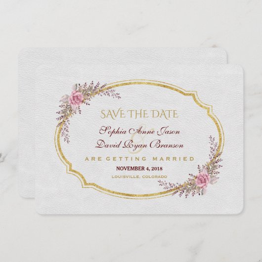 Charm Blush Bloemen Goud Lijst Wit Save The Date (Voorkant / Achterkant)
