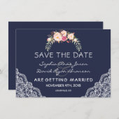 Charm Blush Pink Flowers Lace Navy Wedding Save The Date (Voorkant / Achterkant)