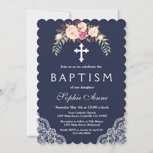 Charm Blush Roze Bloemen Kant Navy Doop Kaart (Voorkant)