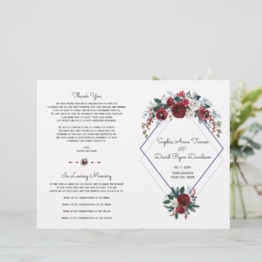 Charm Bourgogne Floral Navy Blue Wedding Programme (Debout devant)
