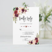 Charm Bourgondië Bloemen Huwelijk Handschrift RSVP Kaartje (Staand voorkant)
