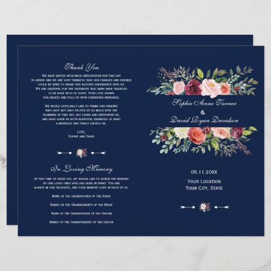 Charm Bourgondië Bloemen Lijst Donkerblauw Program (Voorkant / Achterkant)