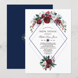 Charm Burgundy Bloem Navy Blauwe Bruiloft Feest Kaart