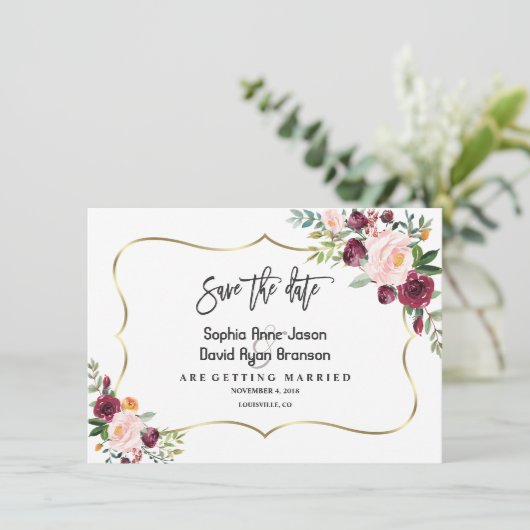 Charm Burgundy Blush Bloem Goud Save The Date (Staand voorkant)