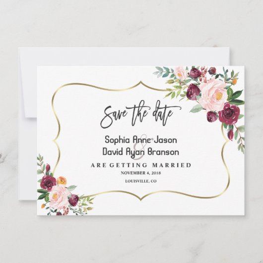 Charm Burgundy Blush Bloem Goud Save The Date (Voorkant)