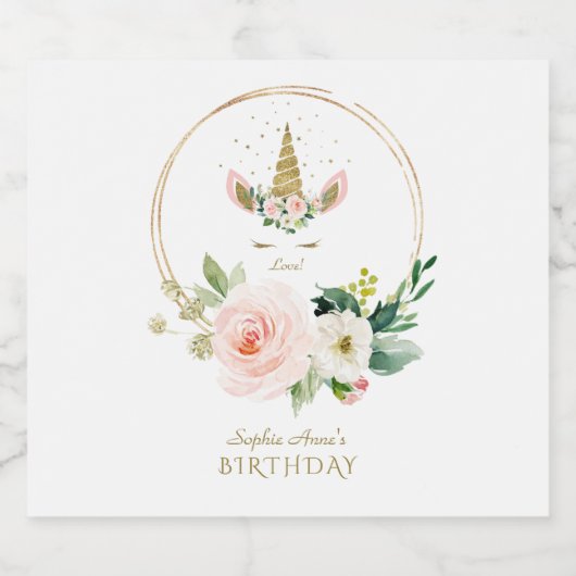 Charm Burgundy Blush Bloemen Gouden Eenhoorn Verja Sparkling Wijnetiket (Enkel label)