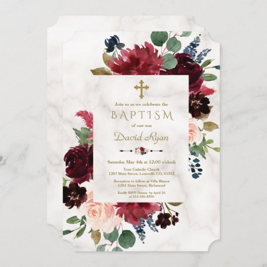 Charm Burgundy Blush Bloemen Kruis Marmer Doop Kaart (Voorkant / Achterkant)