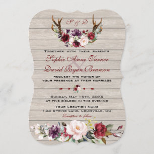 Charm Burgundy Blush Floral Antlers Barn Wedding Kaart
