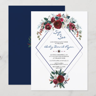 Charm Burgundy Floral Navy Sip & See Baby shower Kaart
