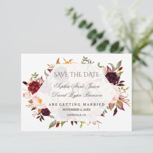 Charm Burgundy Rode Marsala Bloemige Save The Date (Staand voorkant)