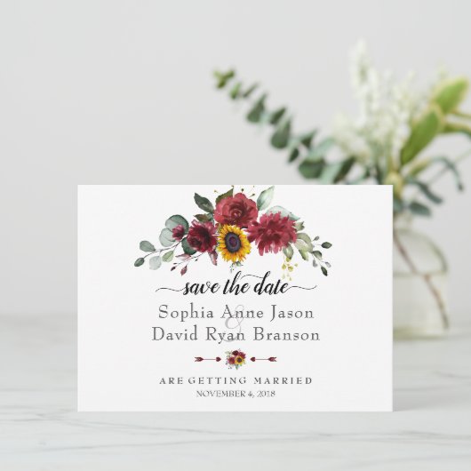 Charm Burgundy Sunflower Weddenschap Save The Date (Staand voorkant)