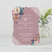 Charm Dusty Blue Dusty Rose Bloemen 50e Verjaardag Kaart (Staand voorkant)