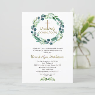 Charm Eucalyptus Foliage Cross Boy Heilige Communi Kaart