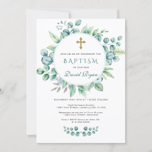 Charm Eucalyptus Greenery Wreath Cross Boy Baptism Kaart
