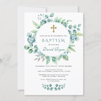 Charm Eucalyptus Greenery Wreath Cross Boy Baptism Kaart