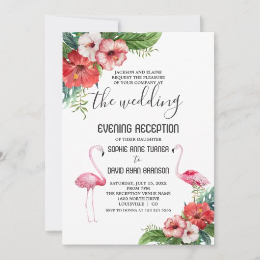 Charm Flamingo Floral Wedding Evening Reception Kaart (Voorkant)