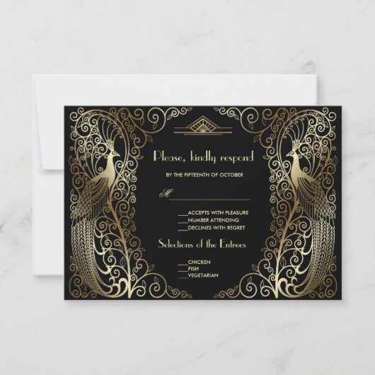 Charm Gold Art Déco Peacocks Mariage RSVP (Devant)