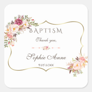 Charm Gold Blush Pink Floral Baptisme Vierkante Sticker