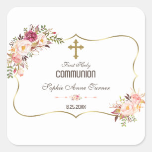 Charm Gold Blush Pink Floral Heilige Communie Vierkante Sticker