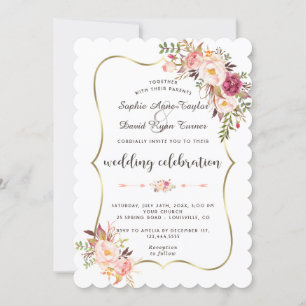 Charm Gold Blush Pink Floral Wedding Kaart