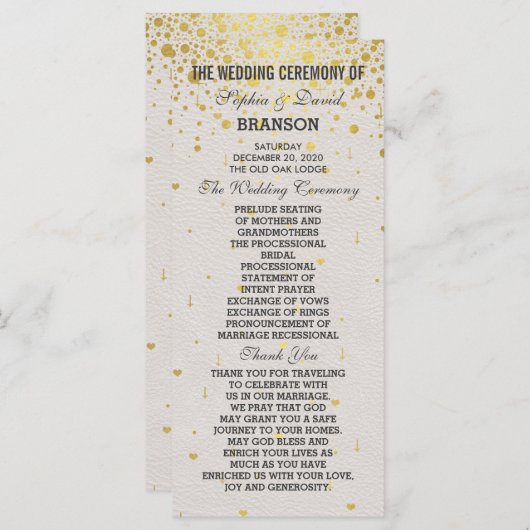 Charm Gold Confetti wit lederen bruiloft programma (Voorkant / Achterkant)