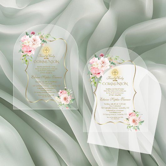 Charm Gold Lente Blush Bloemen Meisje Eerste Heili Acryl Uitnodigingen