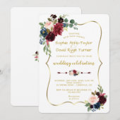 Charm Gold Merlot Navy Blue Floral Wedding Kaart (Voorkant / Achterkant)