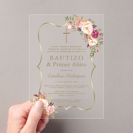 Charm Goud Roze Blush Bloemen 1e Verjaardag Doopfe Acryl Uitnodigingen (Insitu (Draagbaar))