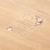 Charm Goud Roze Blush Bloemen 1e Verjaardag Doopfe Acryl Uitnodigingen (Laagn)