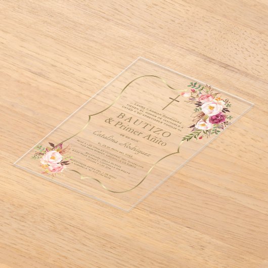 Charm Goud Roze Blush Bloemen 1e Verjaardag Doopfe Acryl Uitnodigingen (Laagn)